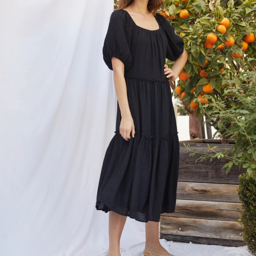 Lucy Paris Maddox tiered dress flowy tie back midi length.  small color black